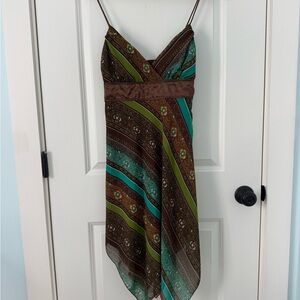 Morgan & Co. Brown, Teal & Olive Striped Asymmetrical Sundress